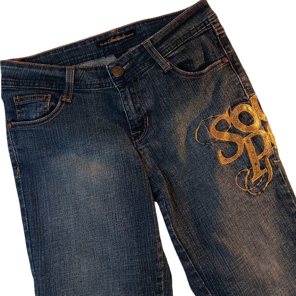 Southpole Denim Bermuda Shorts Women 7 30 Blue Gold Spellout Embroidered Cuffed